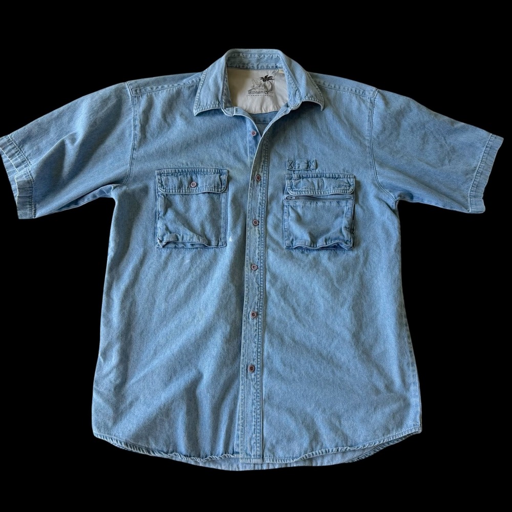 90's Bugle Boy Short Sleeve Denim Shirt Light Wash Blue Medium Utility